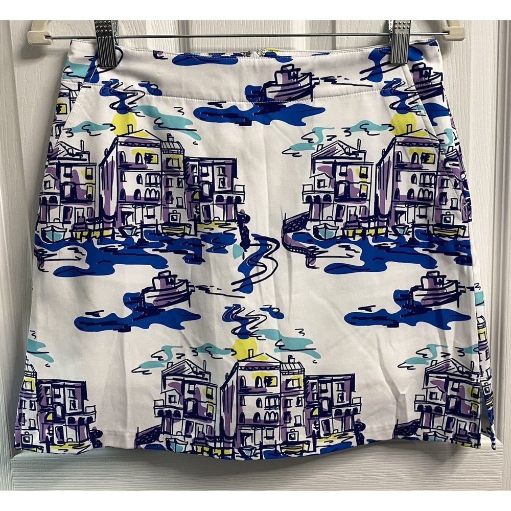 Lady Hagan Womens City Village Print Purple&White Golf Tennis Skort Sz.2 EUC